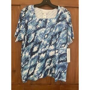 NWT Women’s Alfred Dunner Navy Blue Turquoise Crinkled Ribbon Top L